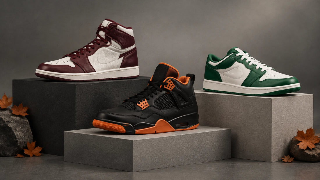 Editorial lineup of retro basketball sneakers in autumn colors on display plinths