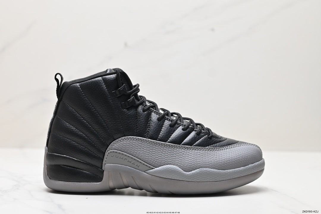 Black and gray Air Jordan 12 high-top sneaker with radiating stitched panels